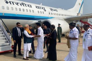 PM Modi arrives in Tiruchirappalli, received by Tamil Nadu CM Stalin