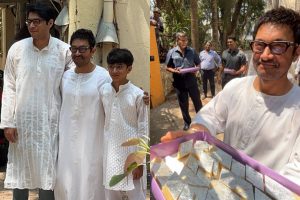 ‘Eid Mubarak’: Aamir poses with sons Junaid and Azad at home; distributes sweets to paps