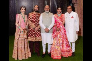 PM Modi poses with Mukesh Ambani, Nita Ambani and newly-wed Anant-Radhika for perfect snapshot