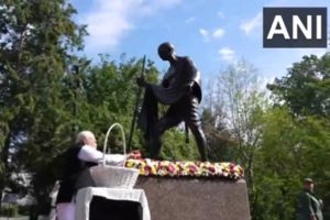 Prime Minister Narendra Modi pays floral tributes to Mahatma Gandhi in Ukraine’s Kyiv