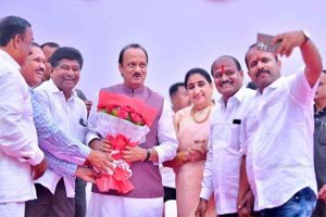 Maharashtra Dy CM Ajit Pawar greets people at his residence on occasion of Diwali Padwa in Baramati