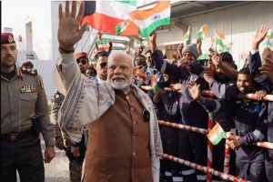 PM Modi interacts with Indian workers at Gulf Spic Labour Camp in Kuwait