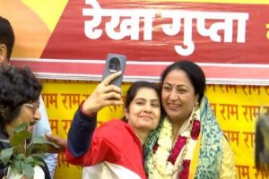 Supporters gathered outside the residence of Delhi’s newly appointed Chief Minister to greet her