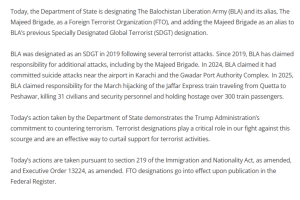 US Designates Balochistan Liberation Army and Majeed Brigade as Foreign Terrorist Organisation